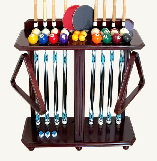 Solid Wood Pool Cue Floor Rack - Holds 10 Cues & Billiard Accessories-Mahogany Finish