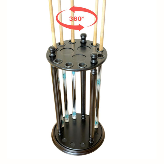 Revolving Billiard Cue Rack, Holds 9 Pool Table Sticks, Made of 100% Solid Wood- Black Finish