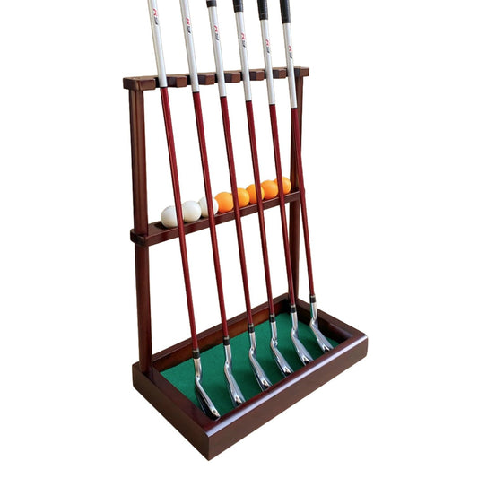 Golf Club Organizer Holds Up to 6 Clubs with Ball Storage for Indoor Golf Simulator- Mahogany Finish