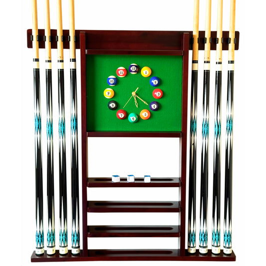 Wooden Wall-Mounted Pool Cue Rack for 8 Cues with Pool Ball Clock - Mahogany Finish